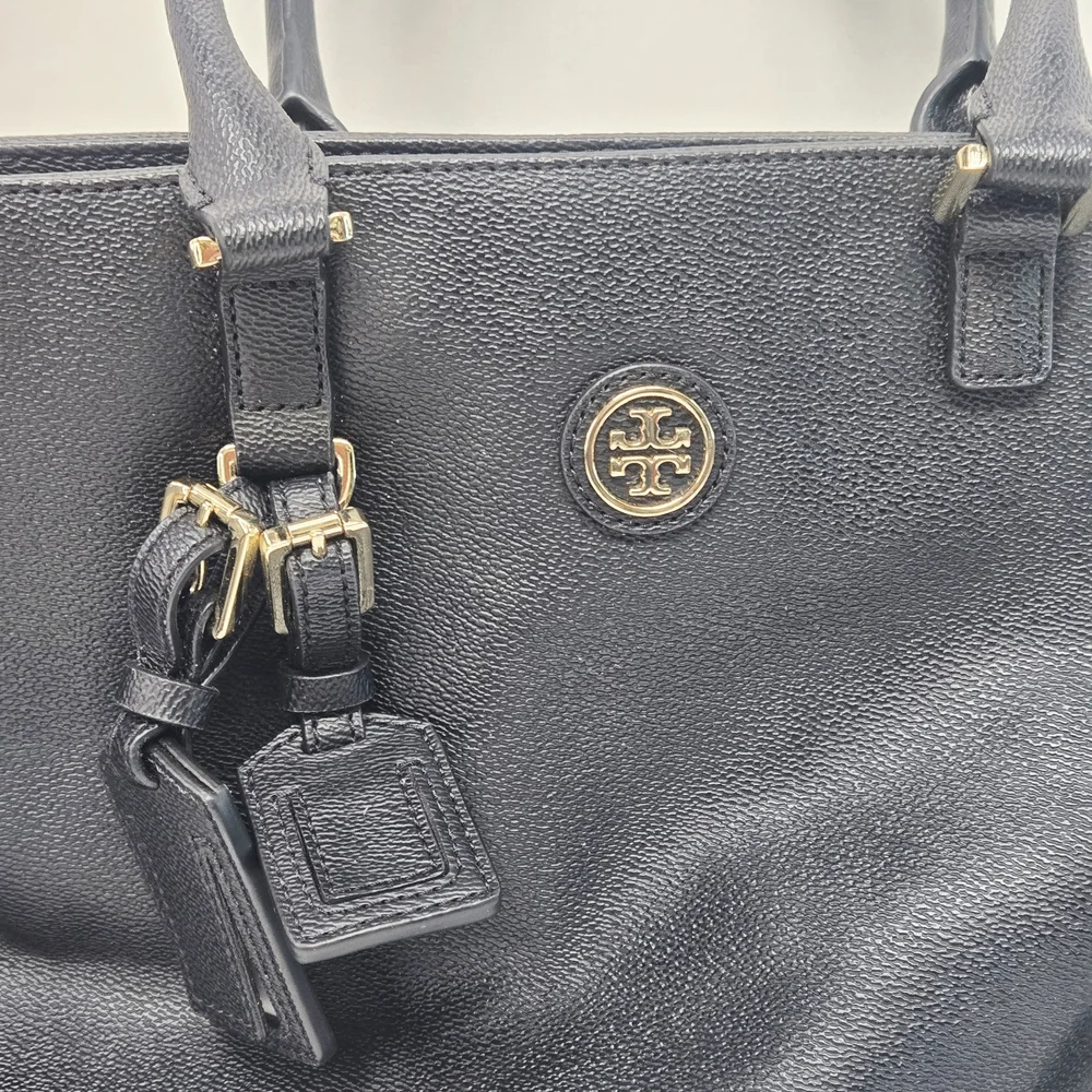 Black Leather Tory Burch Tote Bag with Gold Accents - Picture 4 of 13